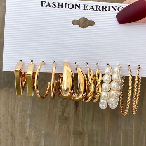 6 Pairs Vintage Gold & Pearl Hoop Earrings Set for Women – Stylish Retro Trendy Jewelry Item | Buy 6 Pairs Vintage Gold & Pearl Hoop Earrings Set for Women – Stylish Retro Trendy Jewelry | SPOP Enterprise Global